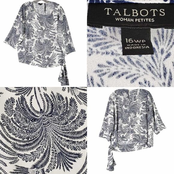 Talbots Top Tunic Womens Plus Size 16WP White Navy Blue Floral Side Tie LS - Picture 1 of 9